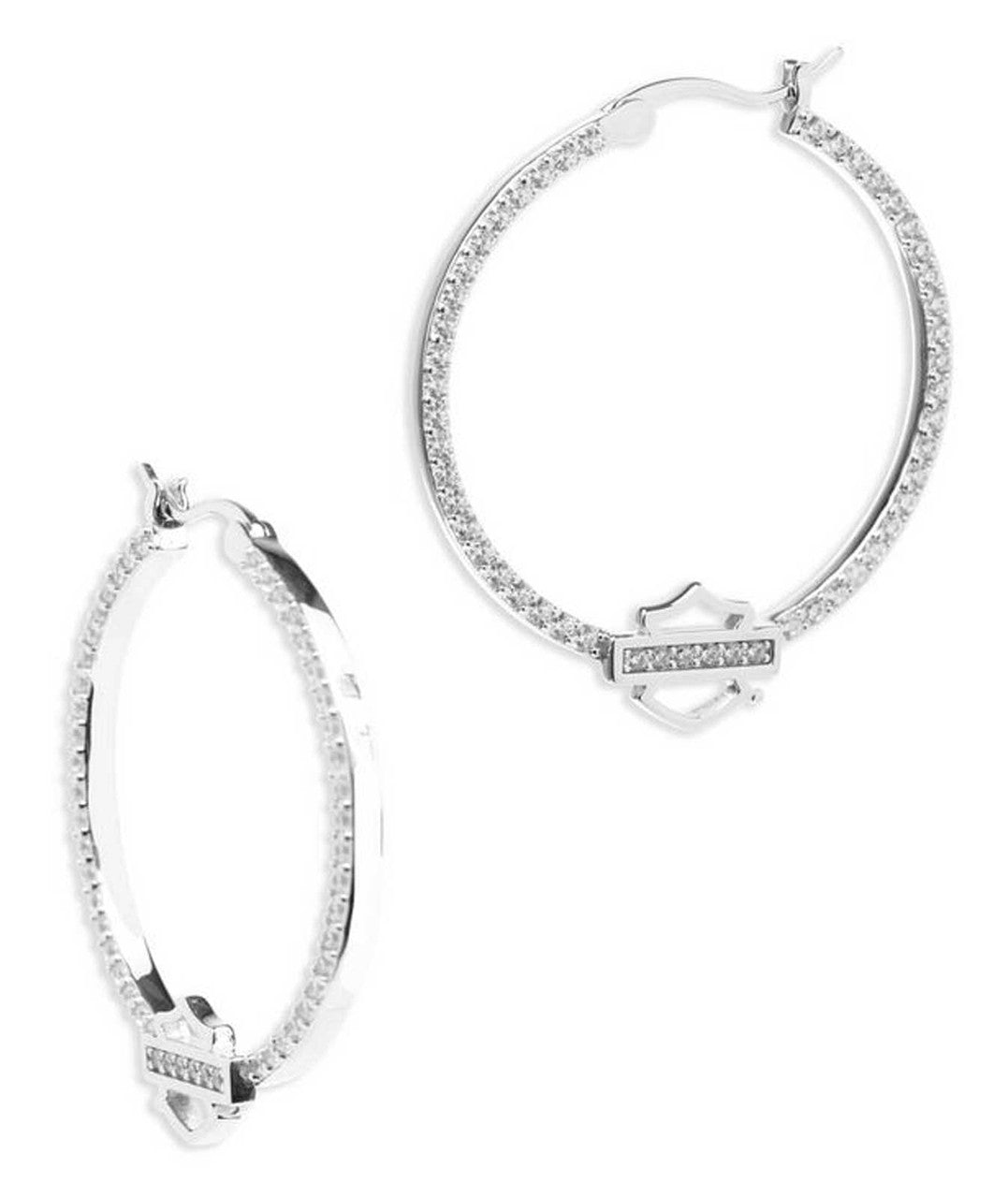 Orecchini a cerchio da donna Harley-Davidson® con logo Bar & Shield e cristalli, in argento sterling