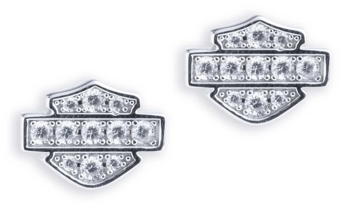 Orecchini a lobo da donna Harley-Davidson® con logo Bar & Shield e pietre incastonate, in argento sterling.