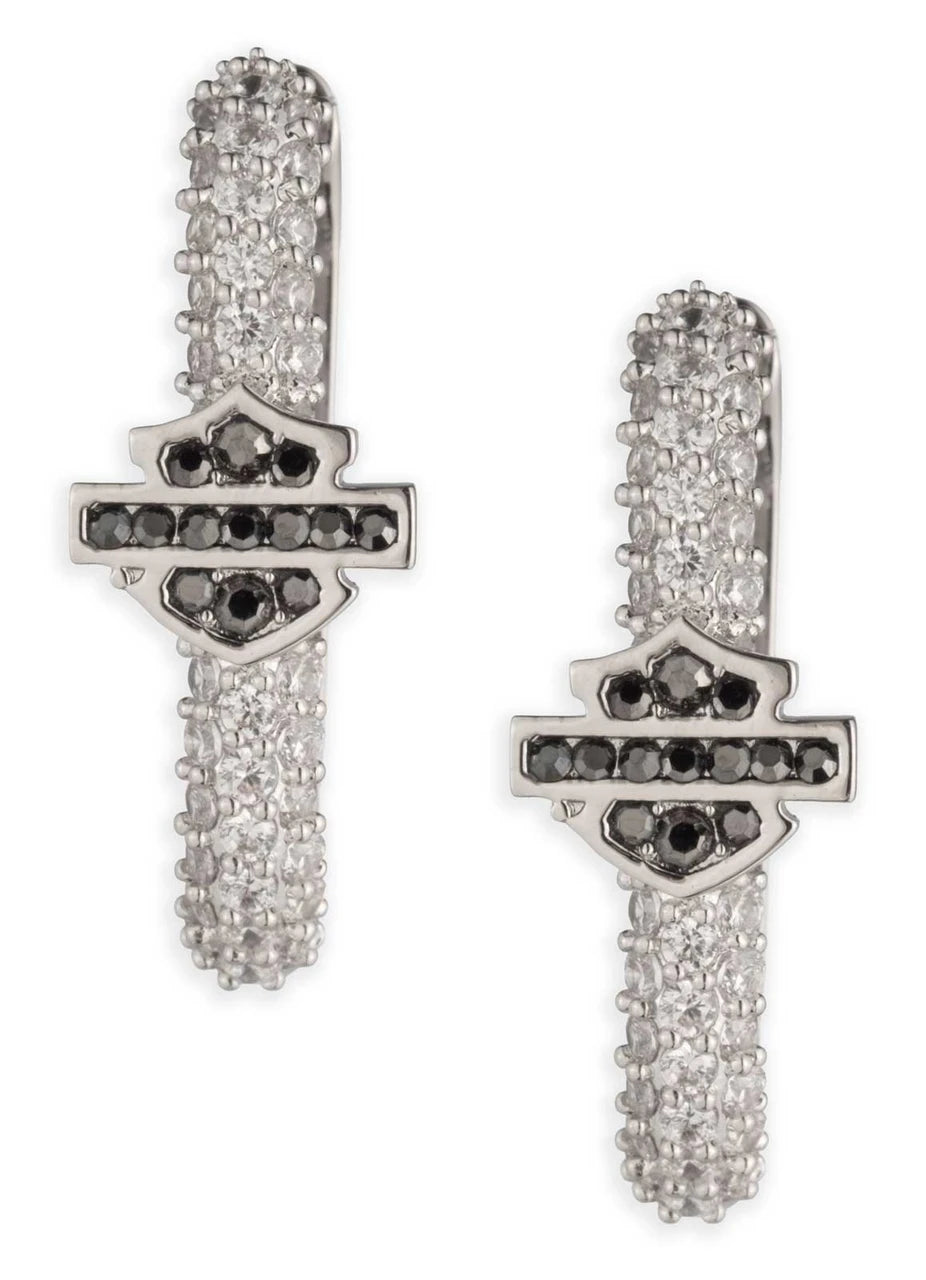 Orecchini a cerchio ovali Harley-Davidson® da donna con logo Bar & Shield e cristalli incastonati, colore argento.