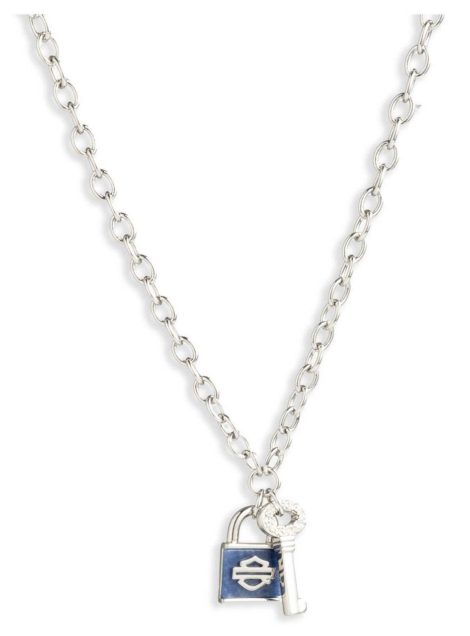 Collana Harley-Davidson® da donna con lucchetto e chiave Bar & Shield da 24 pollici, argento