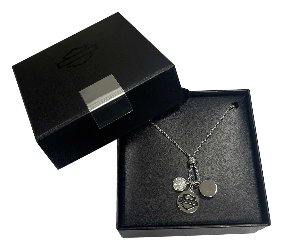Collana da donna Harley-Davidson® con catena a catena con ciondoli in cristallo da 45 cm, in ottone argentato