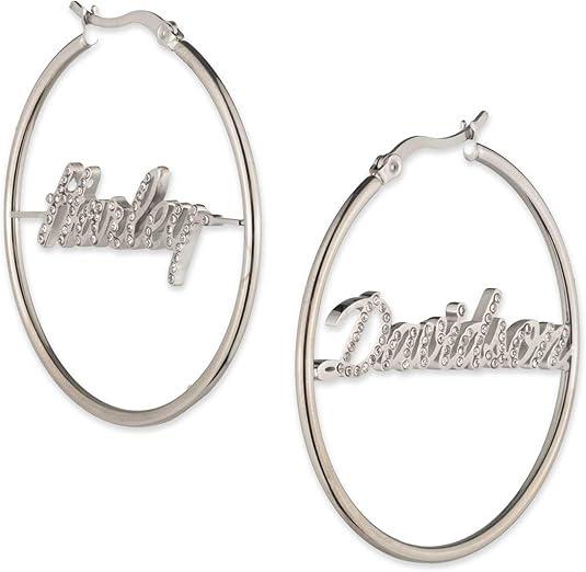 Orecchini a cerchio da donna Harley-Davidson con scritta in corsivo e cristalli HD, argento