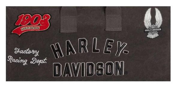 Borsa da viaggio vintage Harley-Davidson® con molteplici toppe e loghi, realizzata in tela resistente.