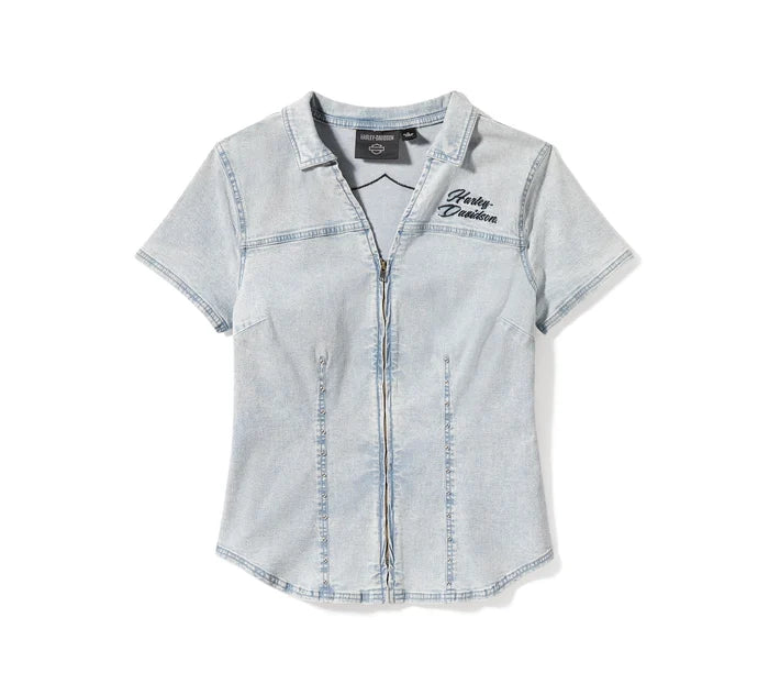 Camicia a maniche corte Essential Bling Chambray con cerniera