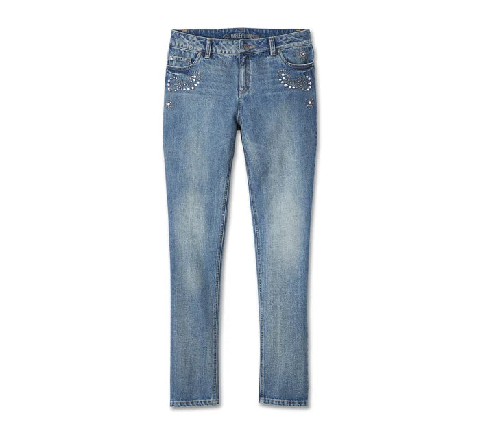 Pantaloni in denim con borchie e decorazioni da donna