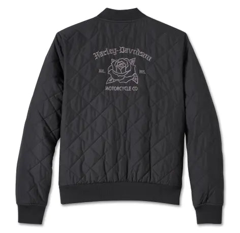 Giacca bomber da donna Harley-Davidson Old English Rose trapuntata nera