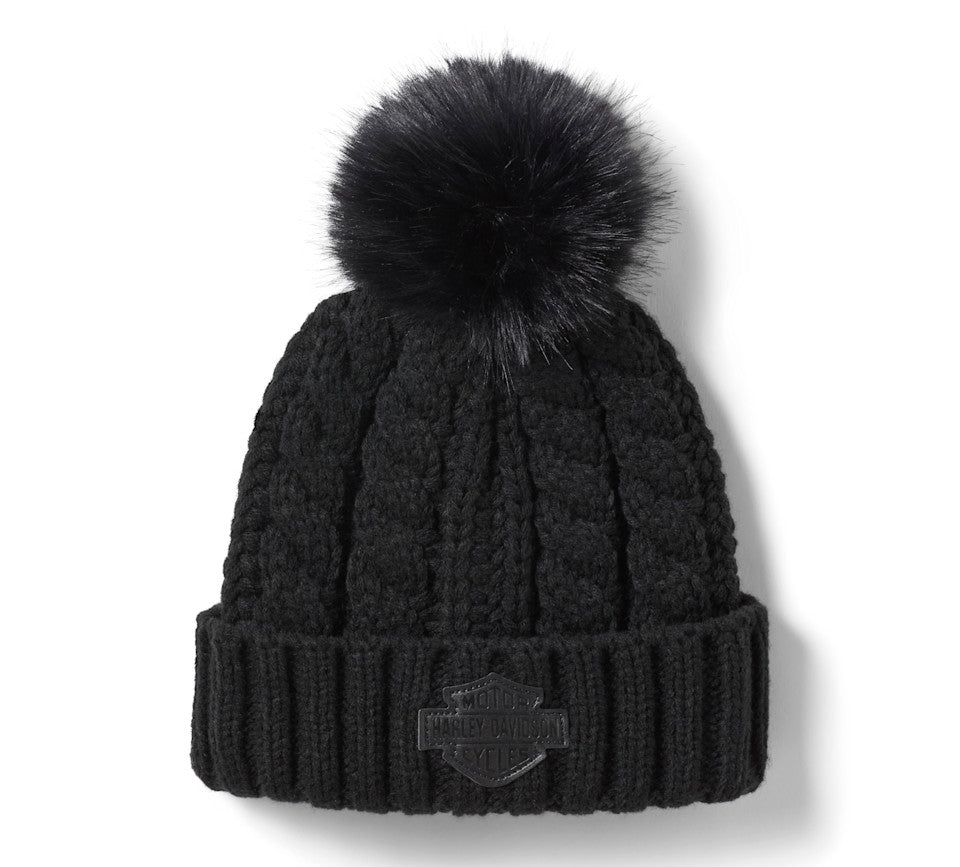 Berretto da donna con pon pon e toppa in pelle - Harley Black