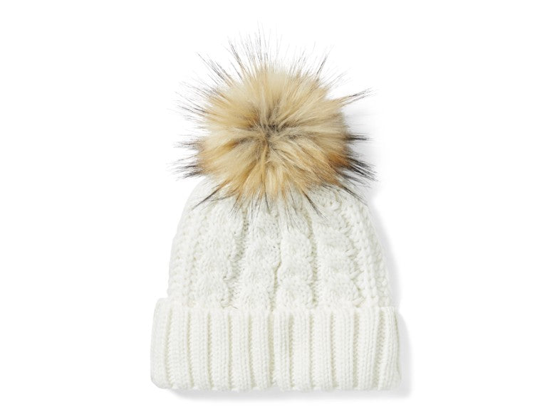 Cappello con pompon e toppa in pelle