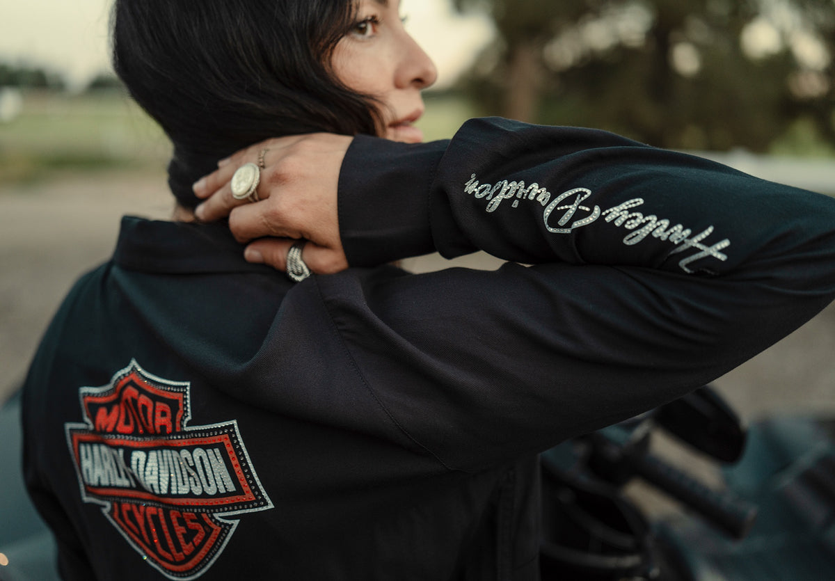 Camicia a maniche lunghe da donna Harley-Davidson con logo Bar & Shield in tessuto Bling