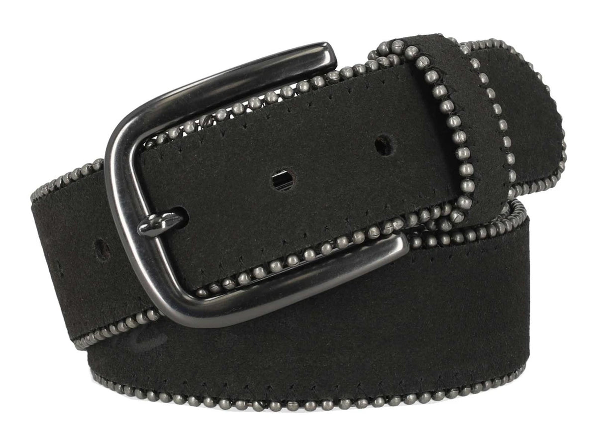 Cintura in pelle nera da donna Harley-Davidson® con logo HD in corsivo e bordo decorato con perline