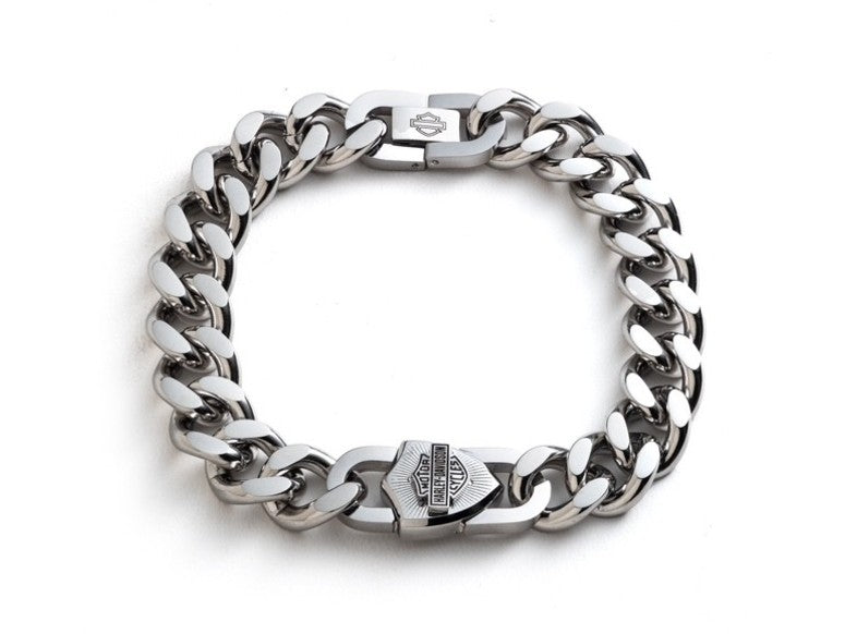 Bracciale da uomo Harley-Davidson® con catena a maglie e lucchetto Bar & Shield – Acciaio inossidabile