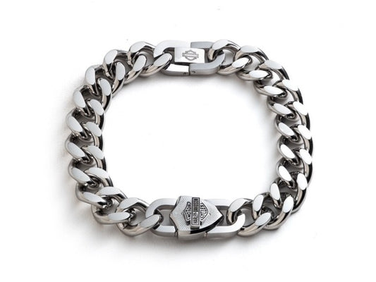 Bracciale da uomo Harley-Davidson® con catena a maglie e lucchetto Bar & Shield – Acciaio inossidabile