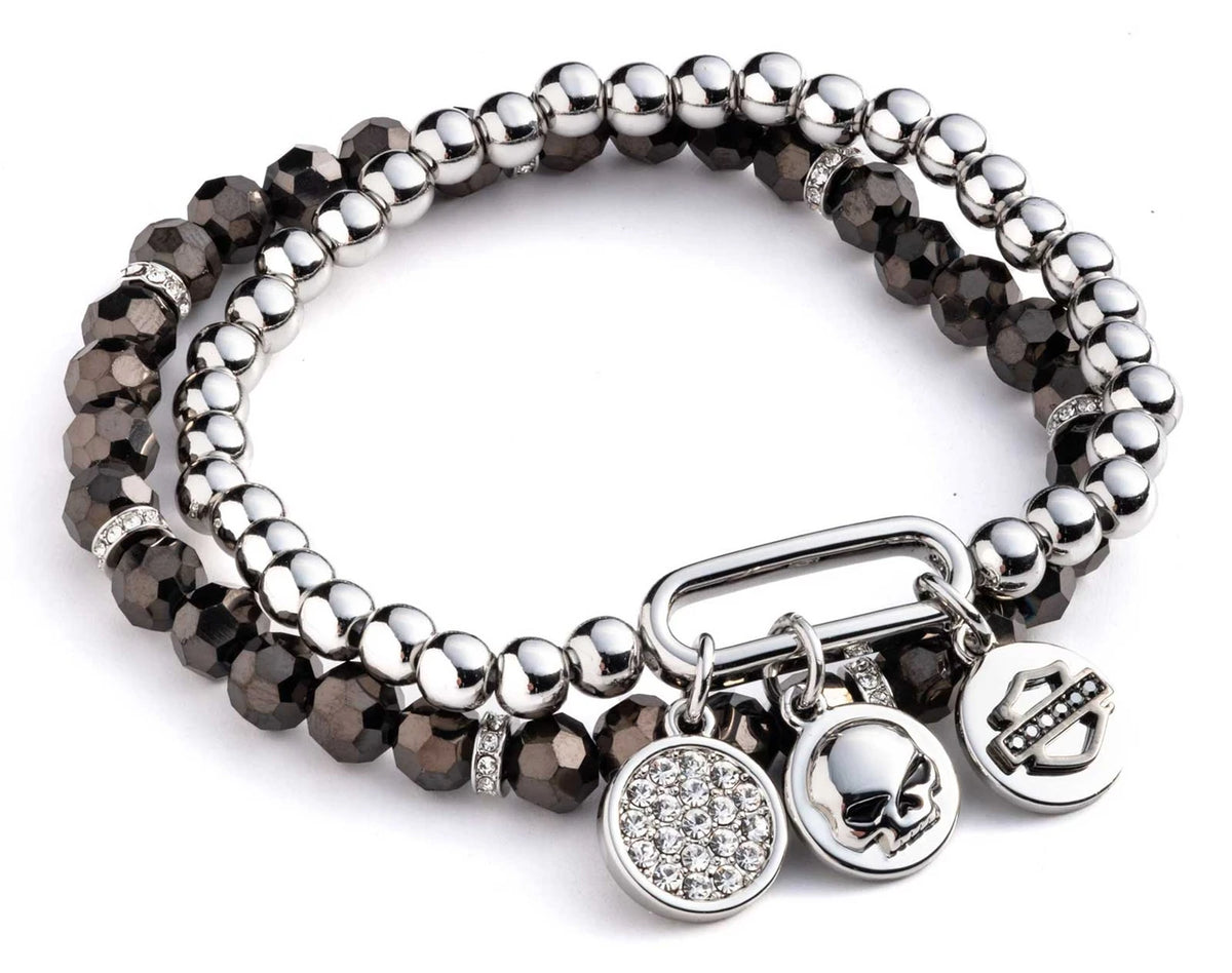 Set di due braccialetti elasticizzati da donna Harley-Davidson® con ciondoli in cristallo e perline.