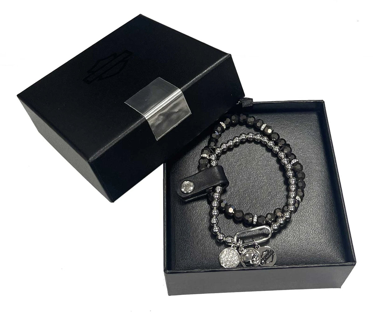 Set di due braccialetti elasticizzati da donna Harley-Davidson® con ciondoli in cristallo e perline.