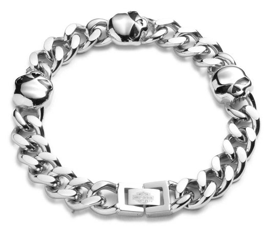 Bracciale da uomo Harley-Davidson® Willie G Skull Curb Chain da 9 pollici, in acciaio inossidabile
