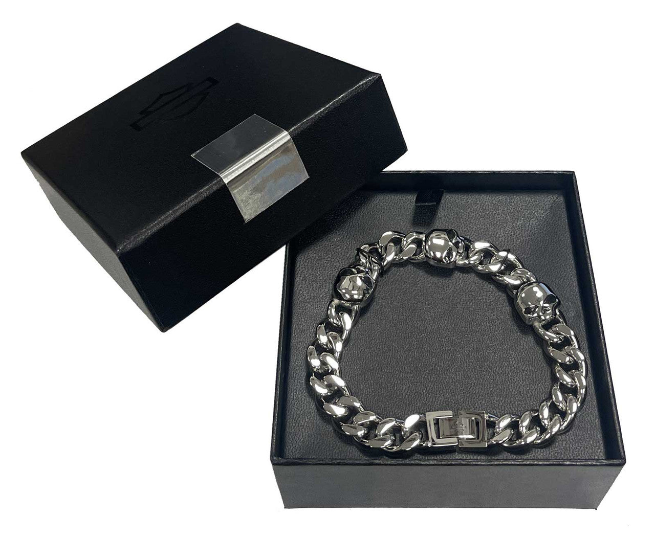 Bracciale da uomo Harley-Davidson® Willie G Skull Curb Chain da 9 pollici, in acciaio inossidabile