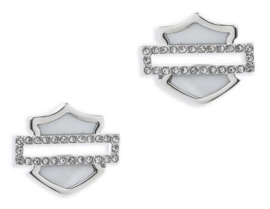 Orecchini a lobo da donna Harley-Davidson® con logo Bar & Shield in madreperla - Argento