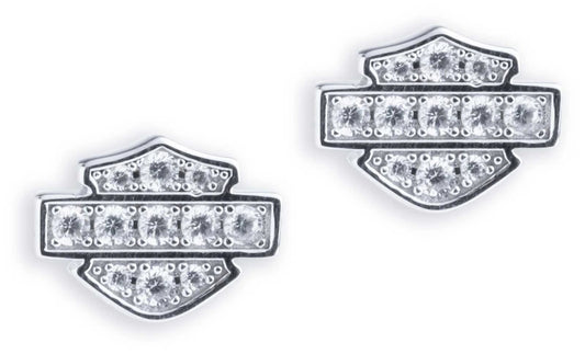 Orecchini a lobo da donna Harley-Davidson® con logo Bar & Shield e pietre incastonate, in argento sterling.