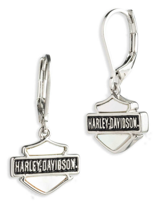 Orecchini pendenti da donna Harley-Davidson® con barretta e scudo in madreperla – Argento