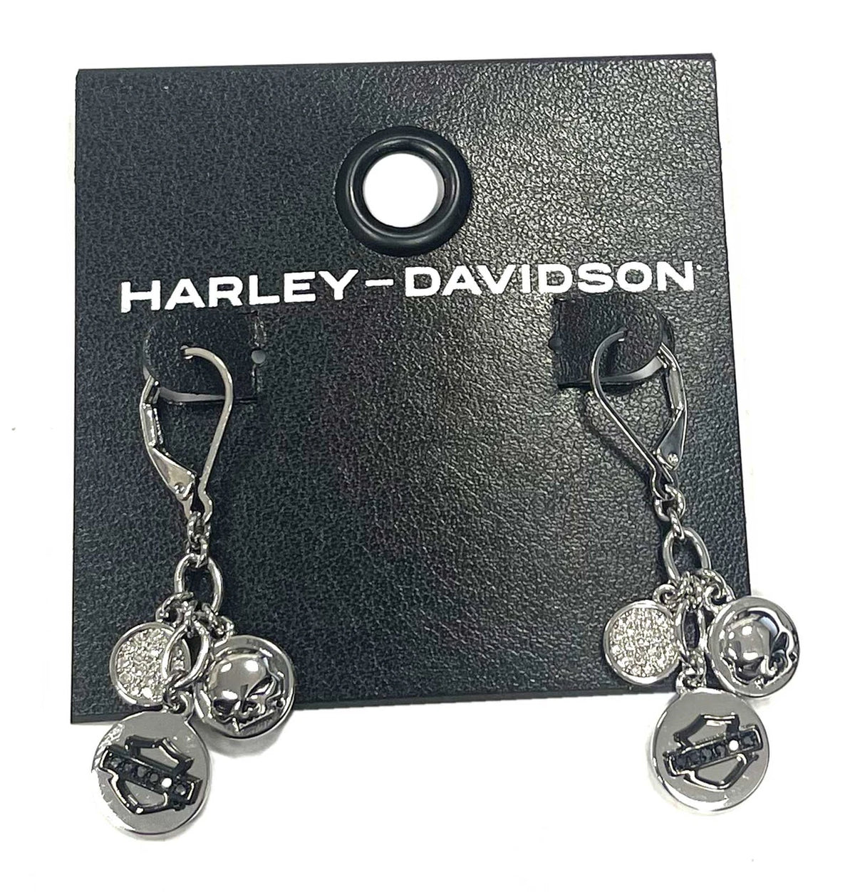 Orecchini pendenti da donna Harley-Davidson® con logo e ciondoli in cristallo, in ottone argentato