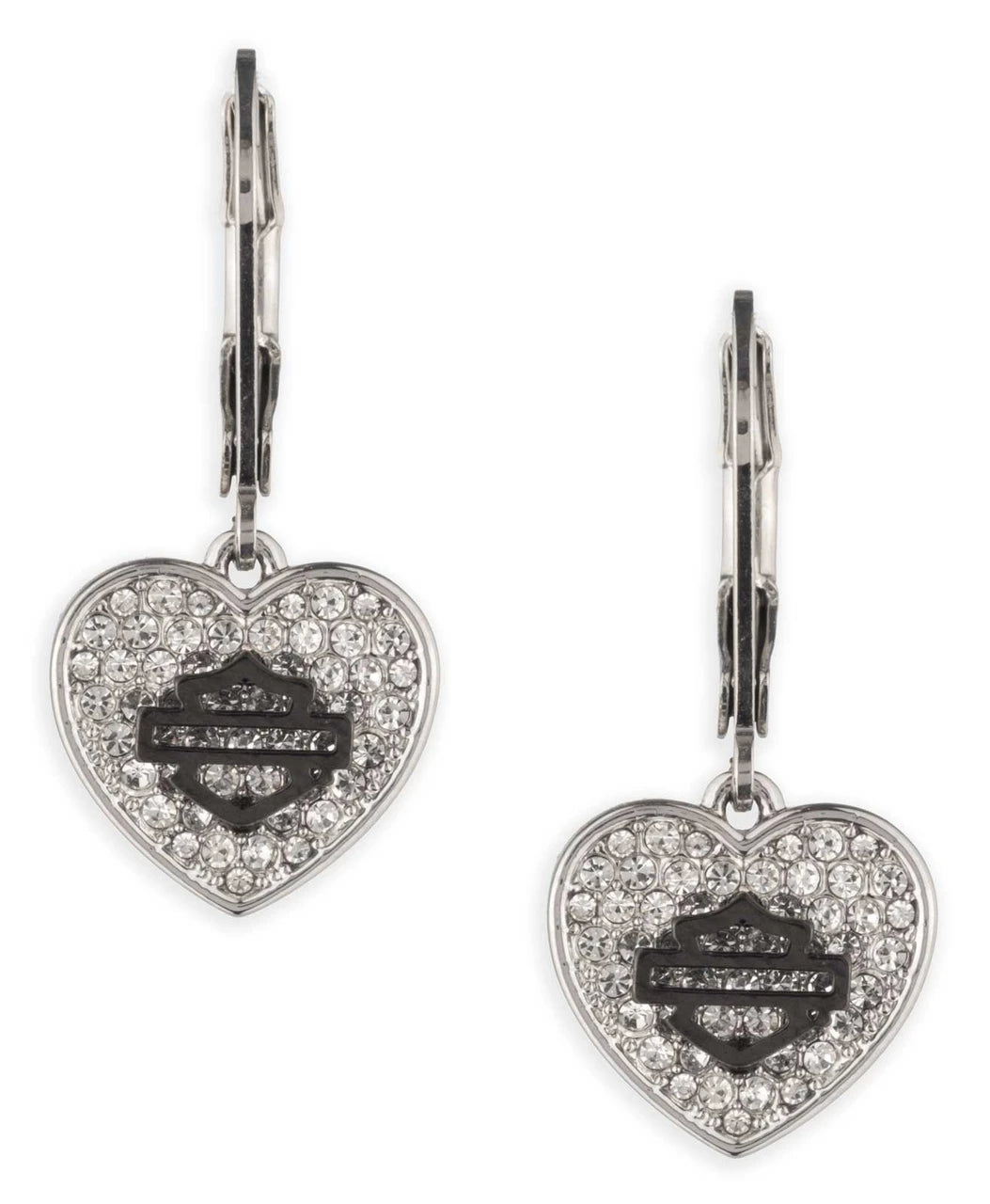 Orecchini pendenti a forma di cuore con logo Bar & Shield e cristalli pavé da donna Harley-Davidson®, argento