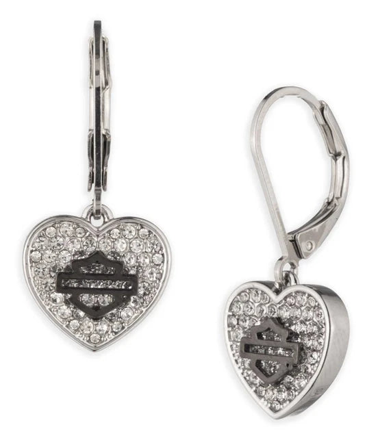 Orecchini pendenti a forma di cuore con logo Bar & Shield e cristalli pavé da donna Harley-Davidson®, argento