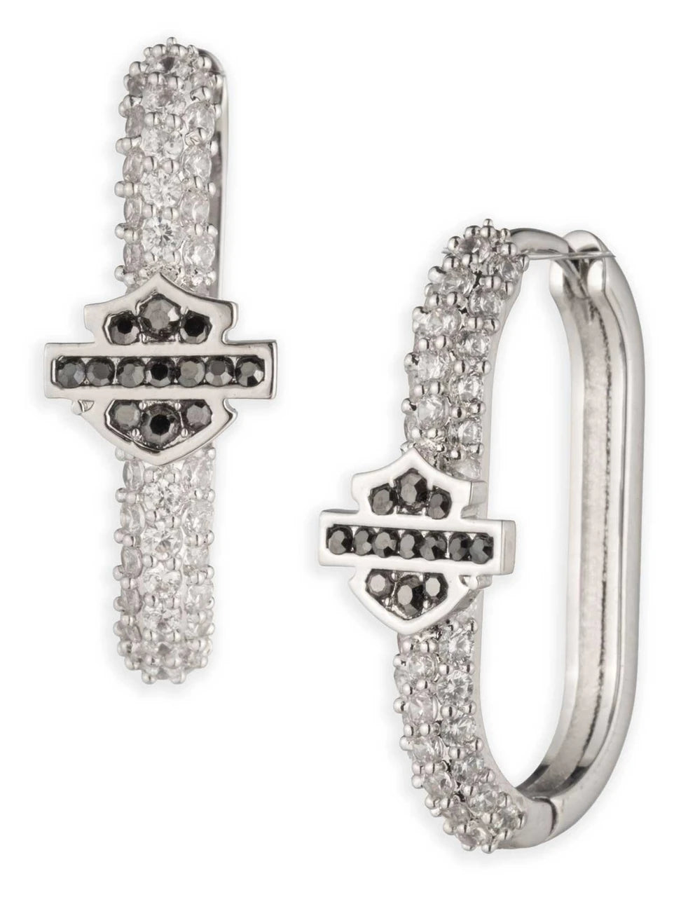 Orecchini a cerchio ovali Harley-Davidson® da donna con logo Bar & Shield e cristalli incastonati, colore argento.