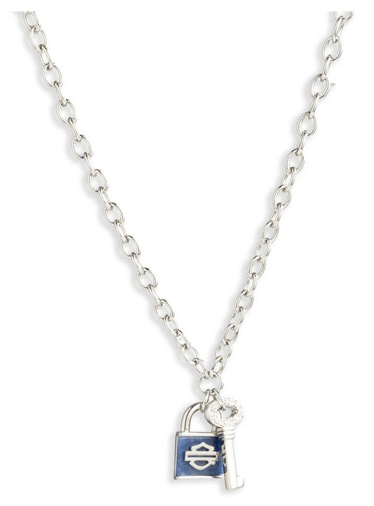 Collana Harley-Davidson® da donna con lucchetto e chiave Bar & Shield da 24 pollici, argento