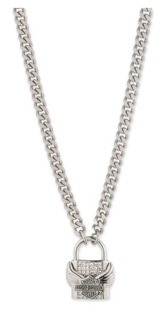 Collana con ciondolo a forma di lucchetto alato Bar & Shield da donna Harley-Davidson® da 16 pollici, argento