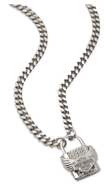 Collana con ciondolo a forma di lucchetto alato Bar & Shield da donna Harley-Davidson® da 16 pollici, argento