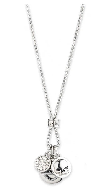 Collana da donna Harley-Davidson® con catena a catena con ciondoli in cristallo da 45 cm, in ottone argentato