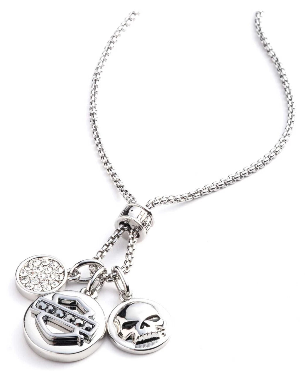 Collana da donna Harley-Davidson® con catena a catena con ciondoli in cristallo da 45 cm, in ottone argentato