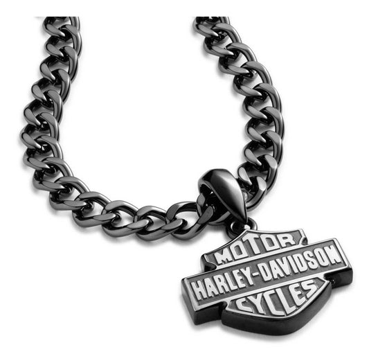 Collana con ciondolo a forma di barretta e scudo Harley-Davidson® da uomo, 24 pollici, in acciaio inossidabile