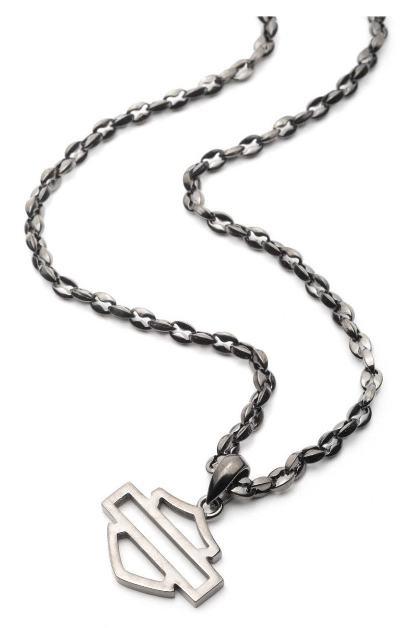 Collana con ciondolo da uomo Harley-Davidson® Open Bar & Shield in acciaio inossidabile ematite