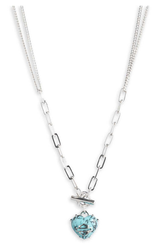 Collana da donna Harley-Davidson® da 40 cm con ciondolo a forma di cuore B&S e pietra turchese, colore argento.