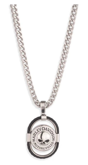 Collana con ciondolo ovale a cavo in acciaio inossidabile con teschio Willie G da uomo Harley-Davidson®