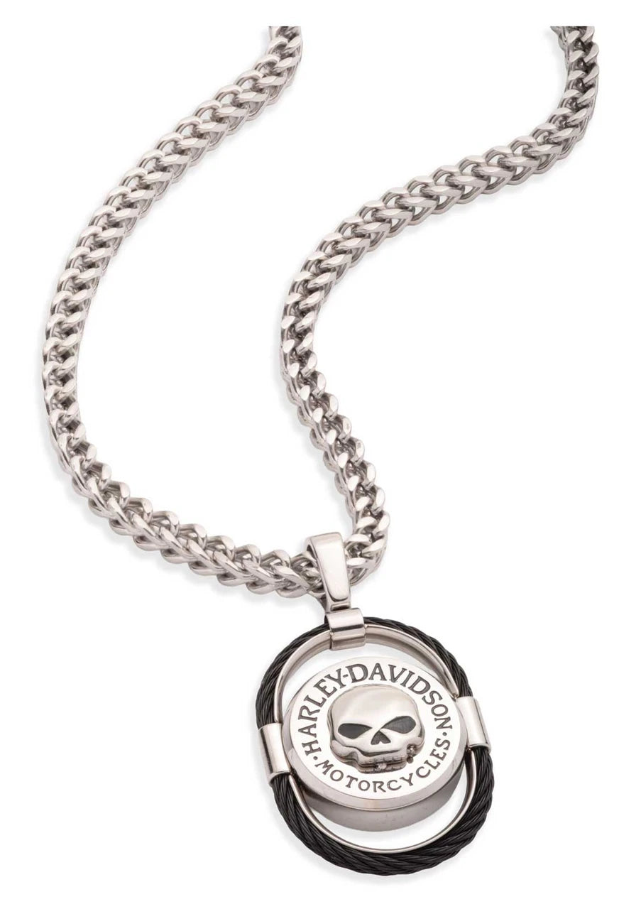 Collana con ciondolo ovale a cavo in acciaio inossidabile con teschio Willie G da uomo Harley-Davidson®