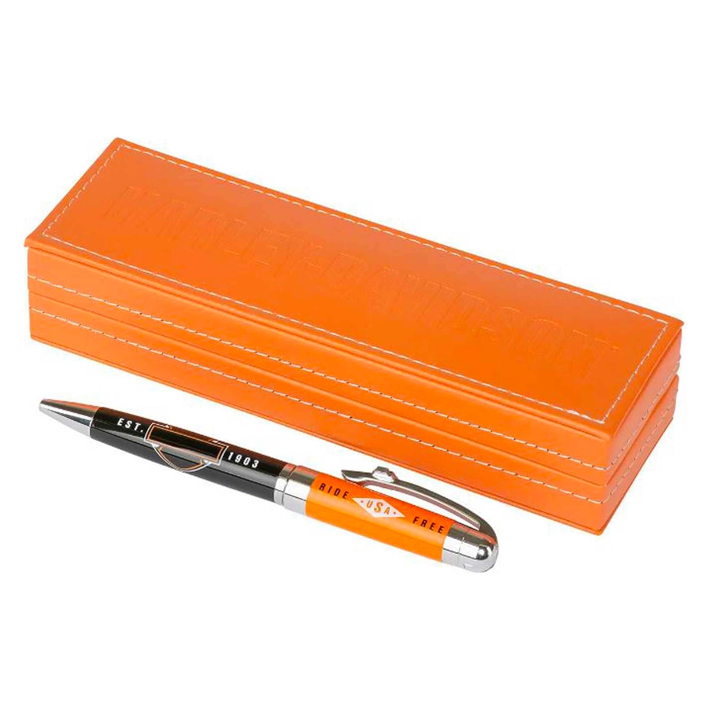 Penna a inchiostro nero Harley-Davidson® Ride Free con scatola regalo arancione