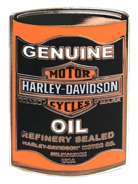 Spilla lattina di olio originale Harley-Davidson® da 1,25 pollici B&S - Nero/Arancione, finitura argento