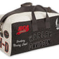 Borsa da viaggio vintage Harley-Davidson® con molteplici toppe e loghi, realizzata in tela resistente.