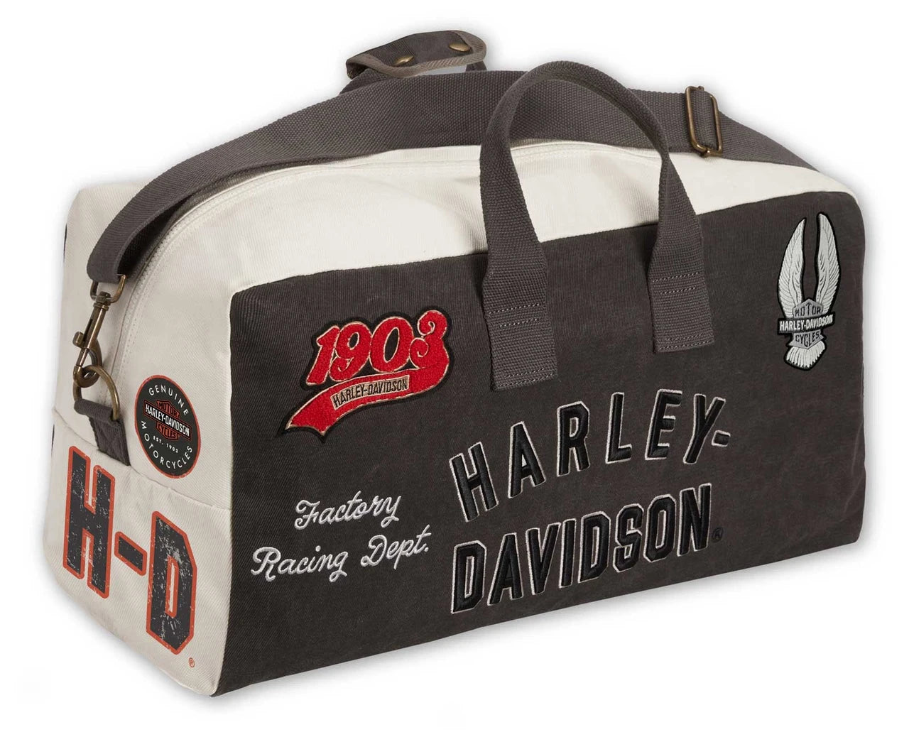 Borsa da viaggio vintage Harley-Davidson® con molteplici toppe e loghi, realizzata in tela resistente.