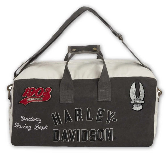 Borsa da viaggio vintage Harley-Davidson® con molteplici toppe e loghi, realizzata in tela resistente.