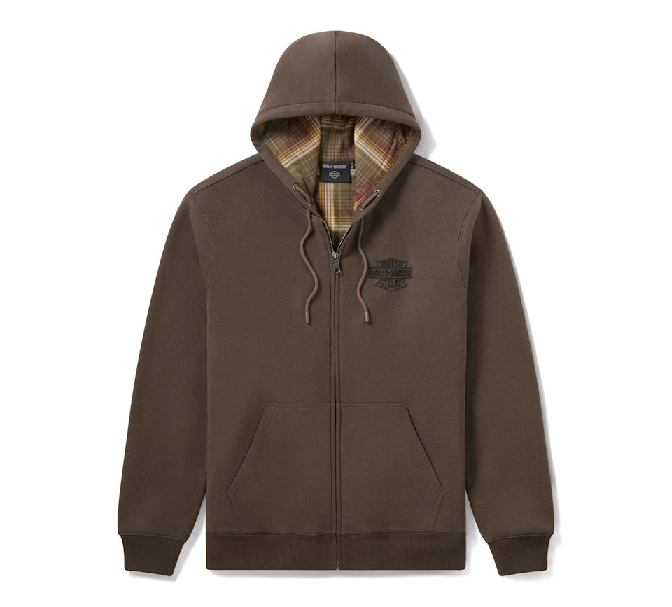 Felpa con cappuccio e zip da uomo H-D American Classic foderata in flanella - Black Olive