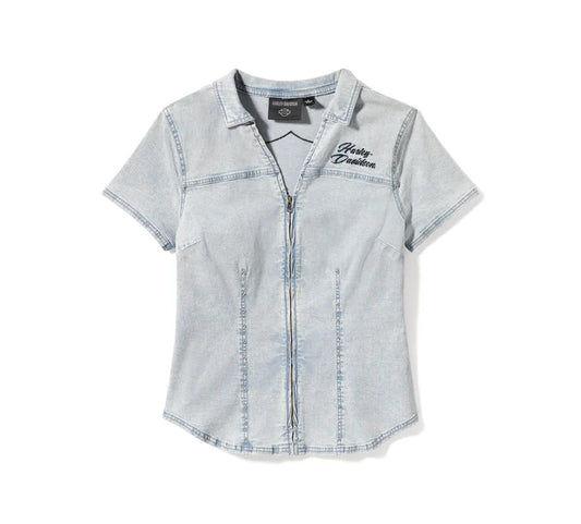 Camicia a maniche corte Essential Bling Chambray con cerniera