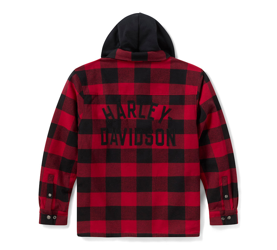 Giacca-camicia con cappuccio da uomo Traveler - Plaid - Deep Red & Harley Black