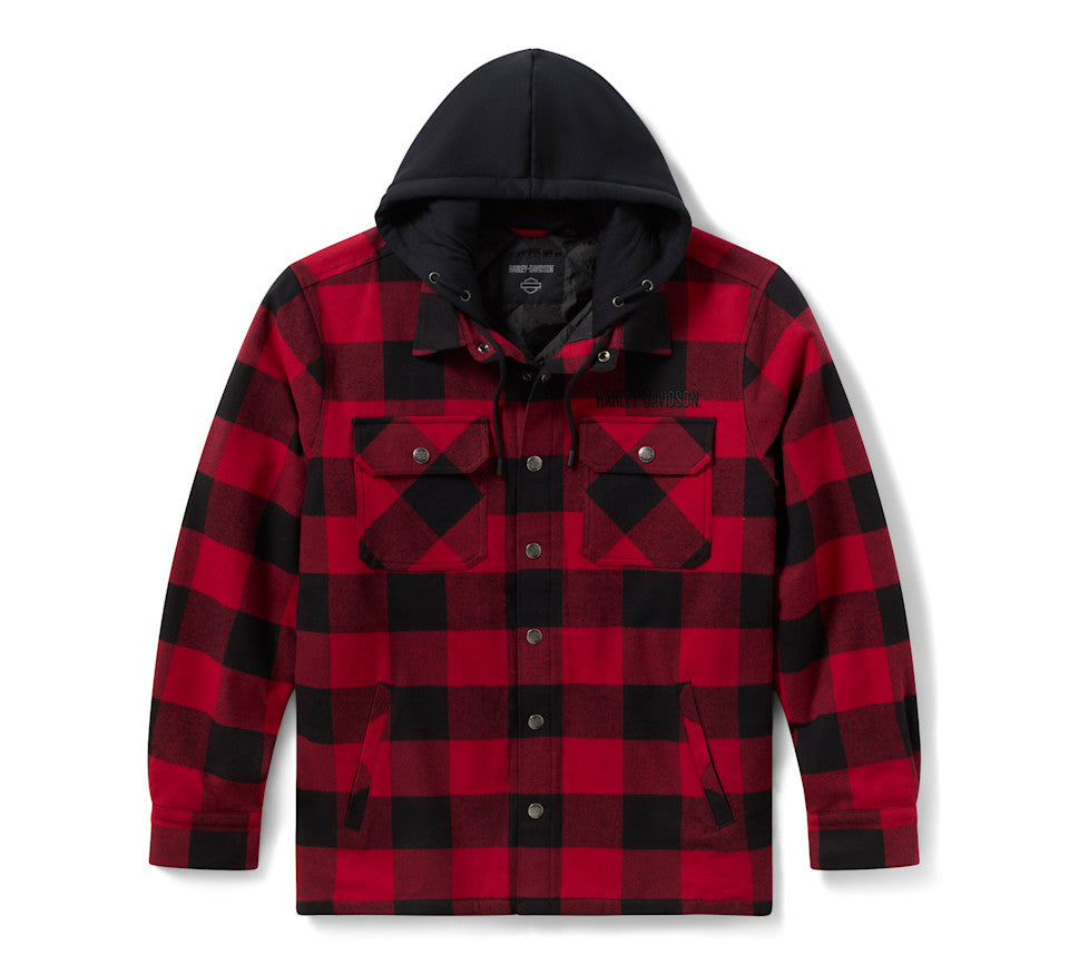 Giacca-camicia con cappuccio da uomo Traveler - Plaid - Deep Red & Harley Black