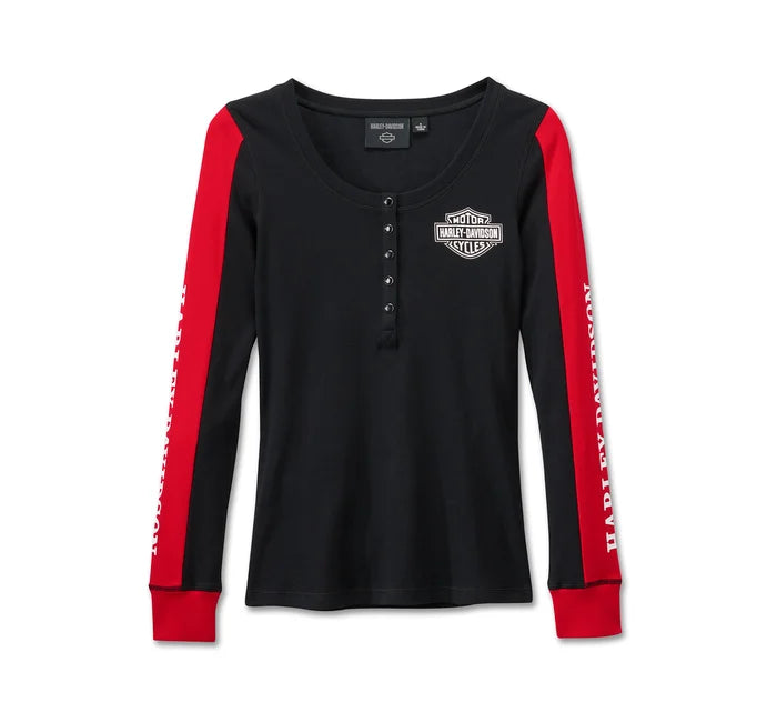 Henley con bottoni automatici Bar & Shield da donna - Colorblock - Harley Black