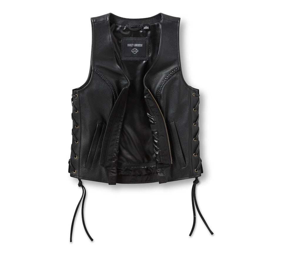 Gilet in pelle con scritte scintillanti da donna