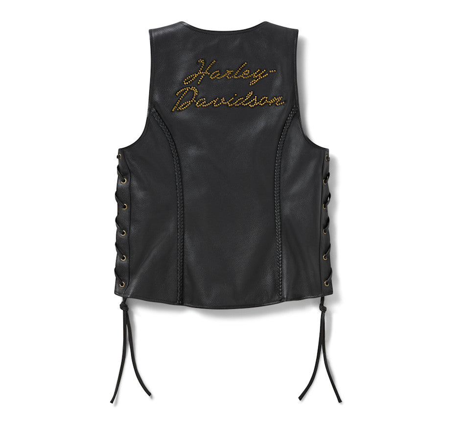 Gilet in pelle con scritte scintillanti da donna