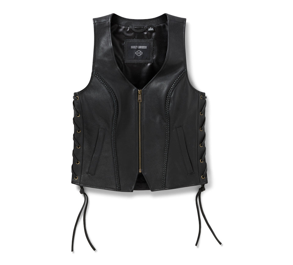 Gilet in pelle con scritte scintillanti da donna